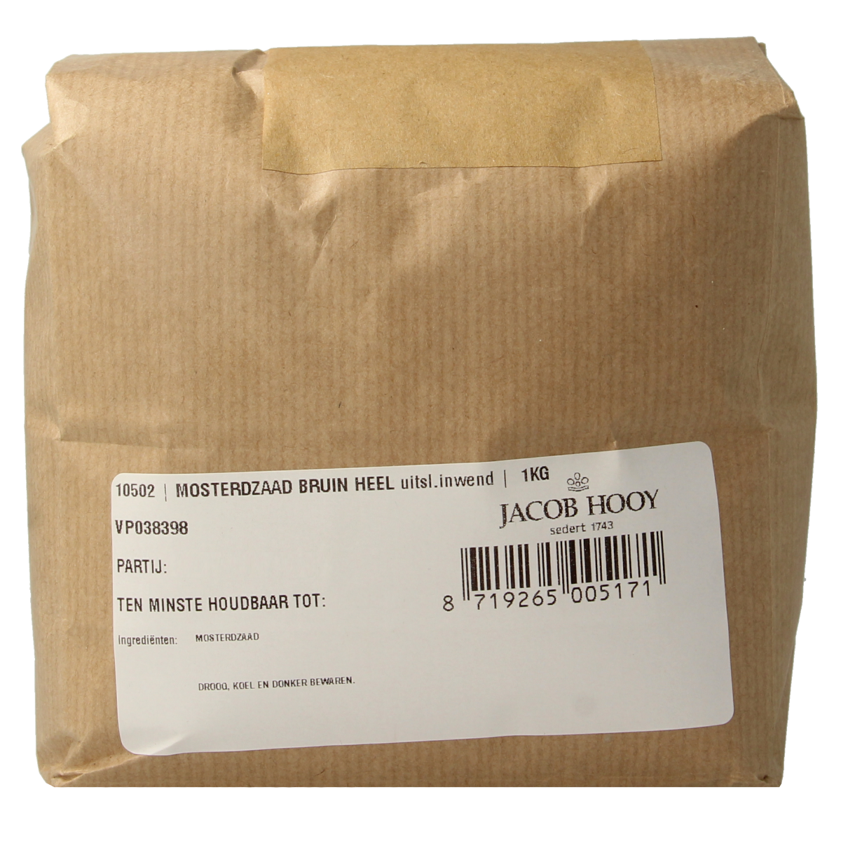 Brown mustard seeds from Jacob Hooy in a 1kg package, suitable for herbs, spices, and meal mixes.