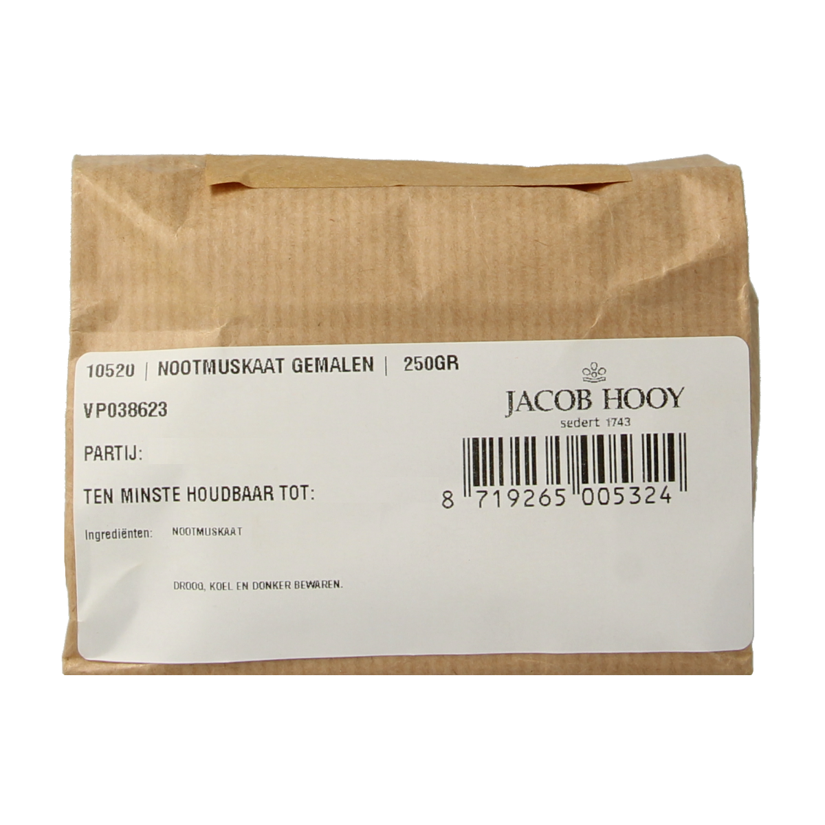 Ground nutmeg spice from Jacob Hooy, 250 grams, in a clear container, used for cooking and seasoning.