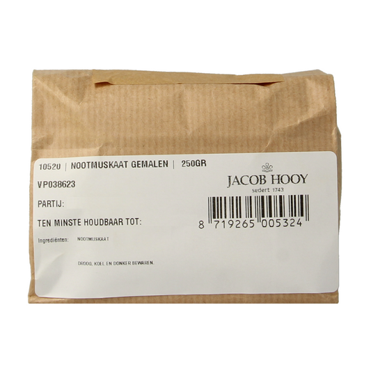 Ground nutmeg spice from Jacob Hooy, 250 grams, in a clear container, used for cooking and seasoning.