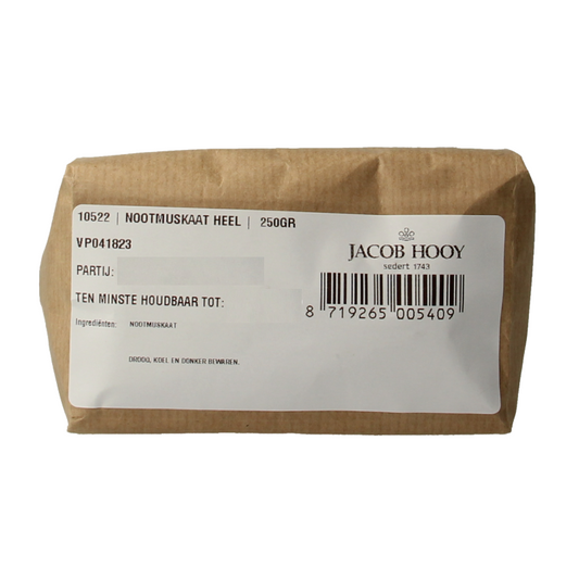 Jacob Hooy ground nutmeg in a 250g jar, part of kruiden, zouten en maaltijdmixen, shown in the image.