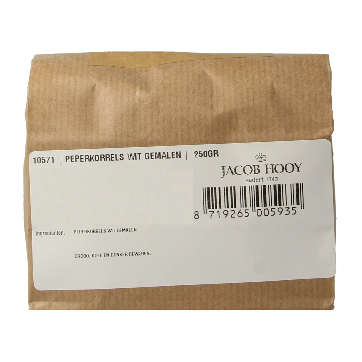 Ground white pepper from Jacob Hooy, 250g, in a clear spice jar, ideal for seasoning and cooking in the kitchen.