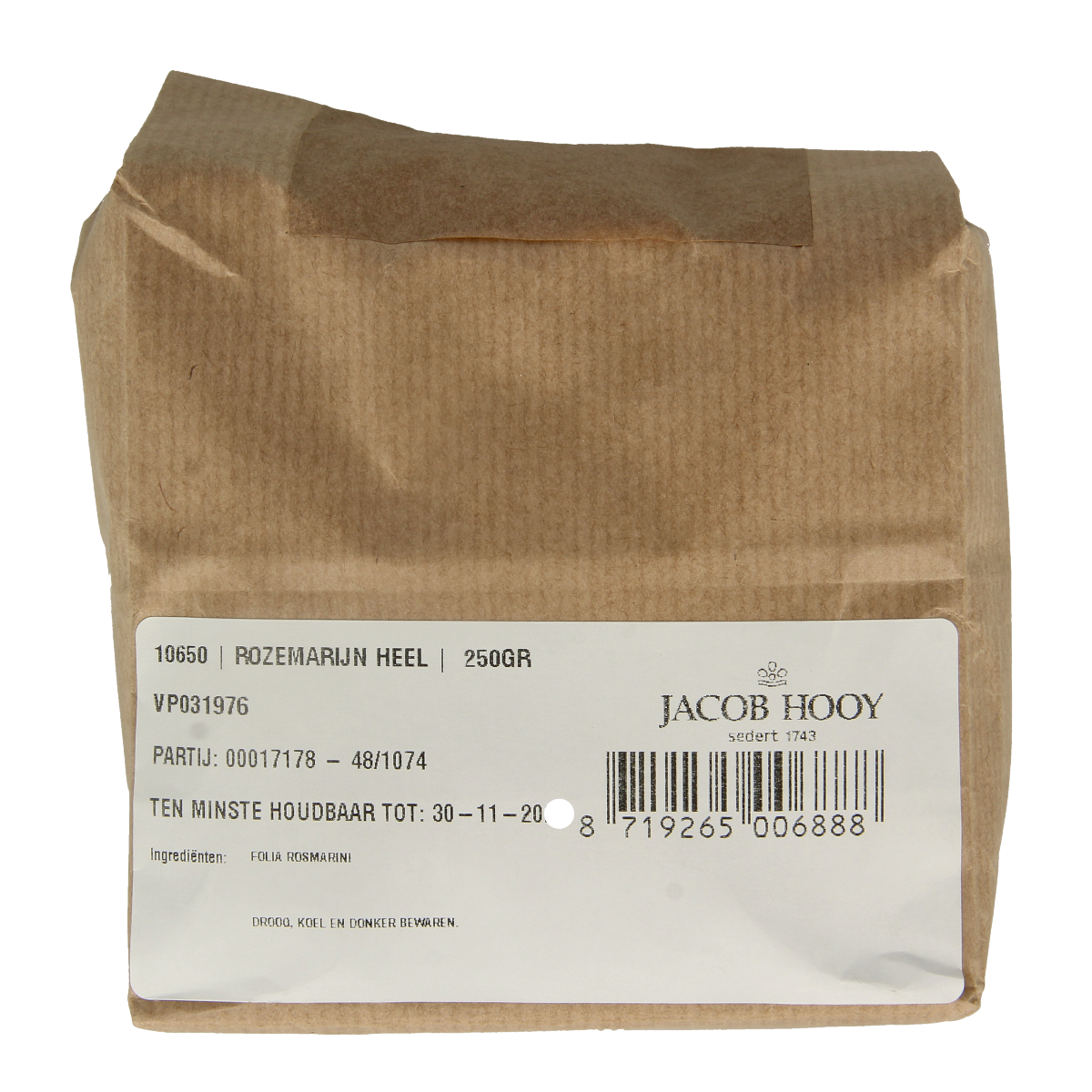 Jar of Jacob Hooy rosemary herbal seasoning in a 250g container, used for herbs, spices, and cooking ingredients.