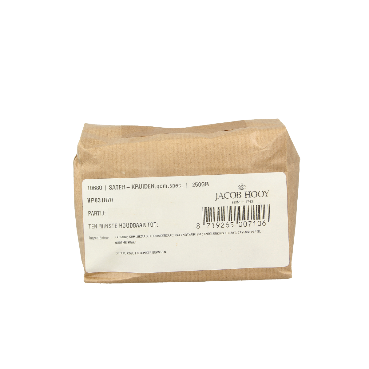 Jar of Jacob Hooy Sateh kruiden 250g with a colorful spice blend for Indonesian satay dishes.
