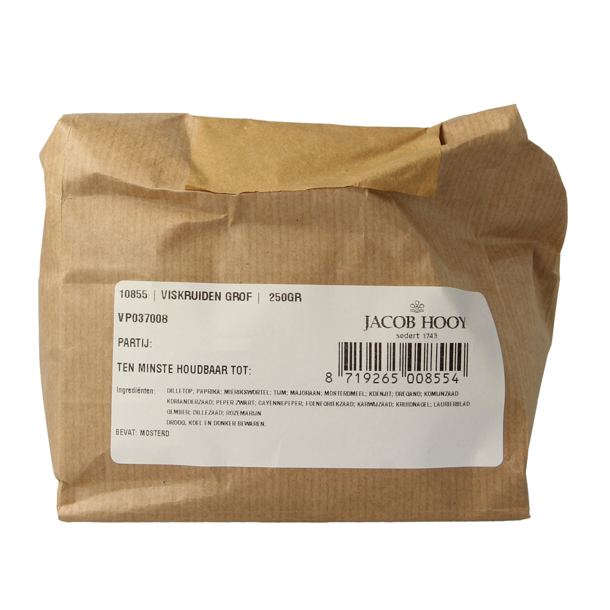 Jacob Hooy Viskruiden grof 250g, a blend of herbs, spices, salt, and meal mixes for cooking and seasoning.