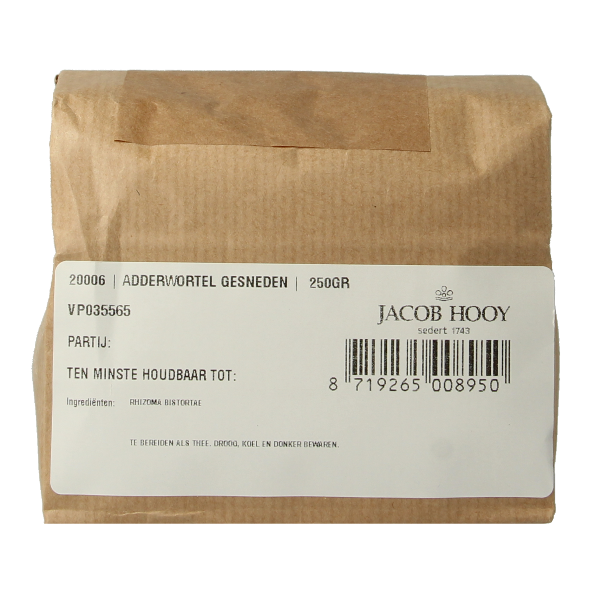 Jacob Hooy Adderwortel 250g, fresh herbal root in a clear package, used for cooking and medicinal purposes.