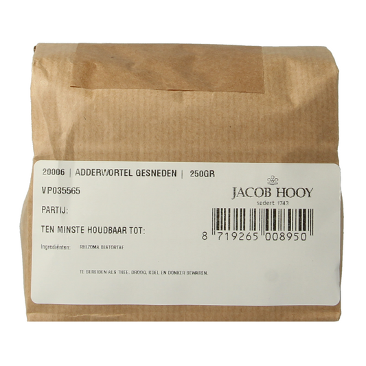 Jacob Hooy Adderwortel 250g, fresh herbal root in a clear package, used for cooking and medicinal purposes.