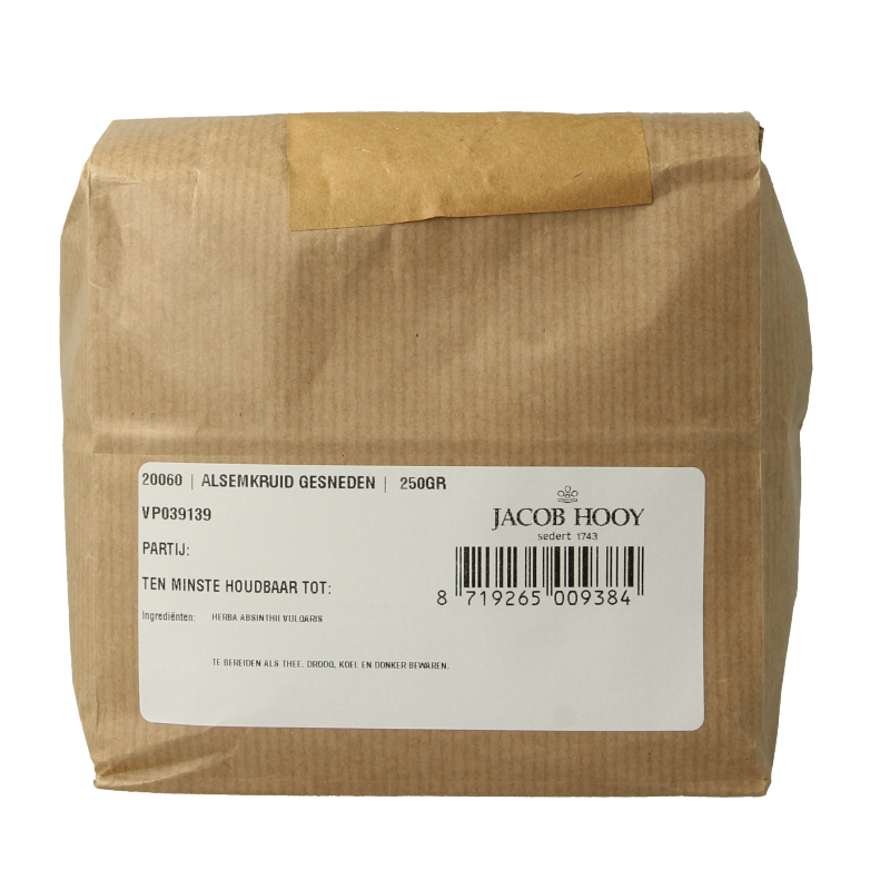 Sliced Jacob Hooy Alsemkruid (mugwort) in a 250g package, used as a herbal seasoning or ingredient in cooking.