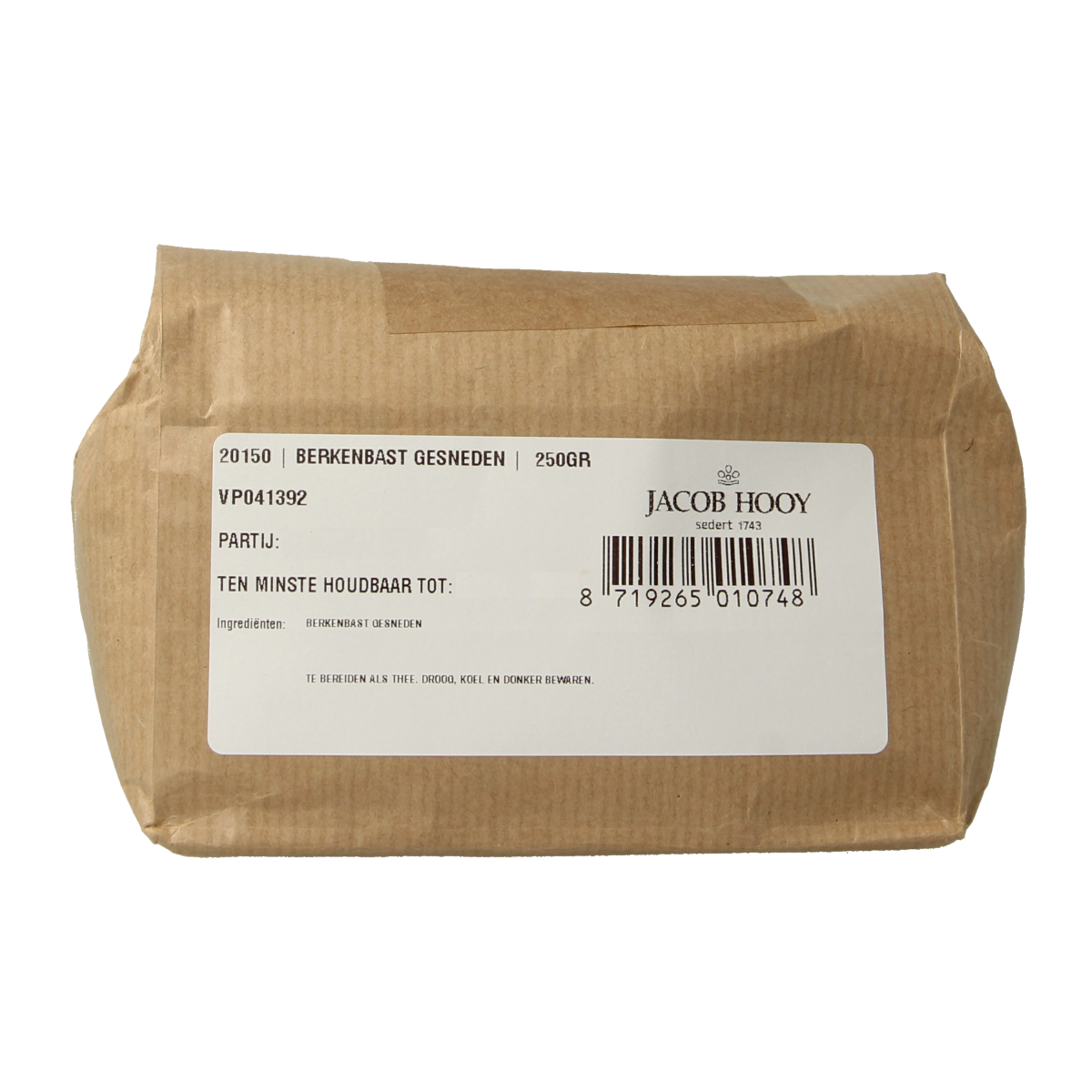 Sliced birch bark herbs from Jacob Hooy in a 250g package, used in cooking and herbal remedies, with the product label visible.