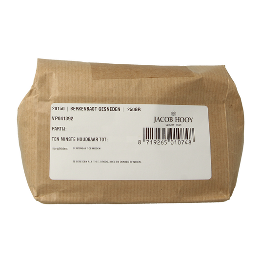 Sliced birch bark herbs from Jacob Hooy in a 250g package, used in cooking and herbal remedies, with the product label visible.