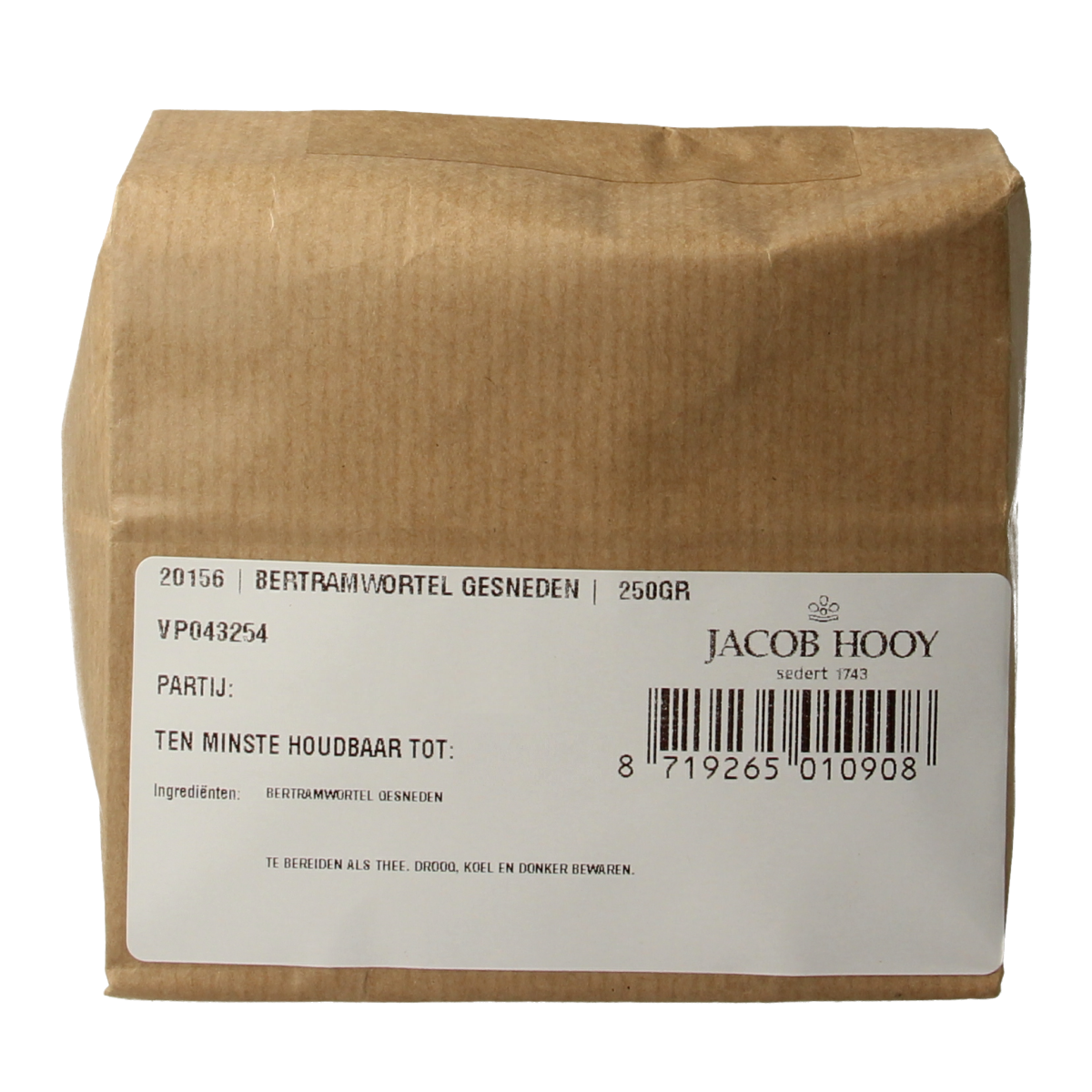 Sliced Jacob Hooy Bertramwortel (parsnip) in a 250g package, part of herbs, salts, and meal mixes collection.