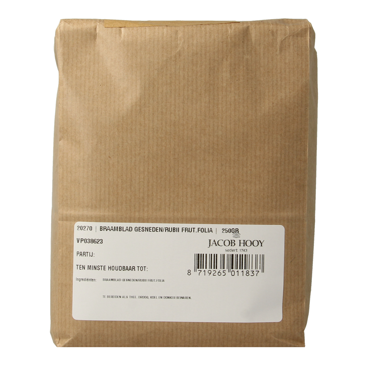 Jacob Hooy Braamblad herbal mix in a 250g package, used for cooking and flavoring in herbal and spice recipes.