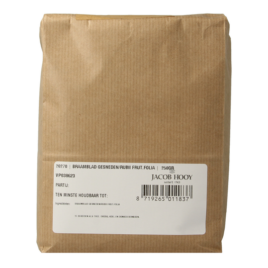 Jacob Hooy Braamblad herbal mix in a 250g package, used for cooking and flavoring in herbal and spice recipes.