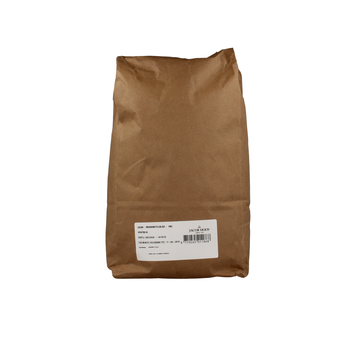Jacob Hooy brandnetelblad gesneden, gedroogde kruiden voor thee en gerechten, 1 kg verpakking.