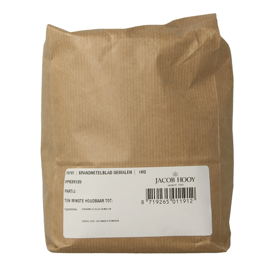 Jacob Hooy Brandnetel gemalen in 1kg bag, dried powdered nettle herb for cooking and herbal remedies.