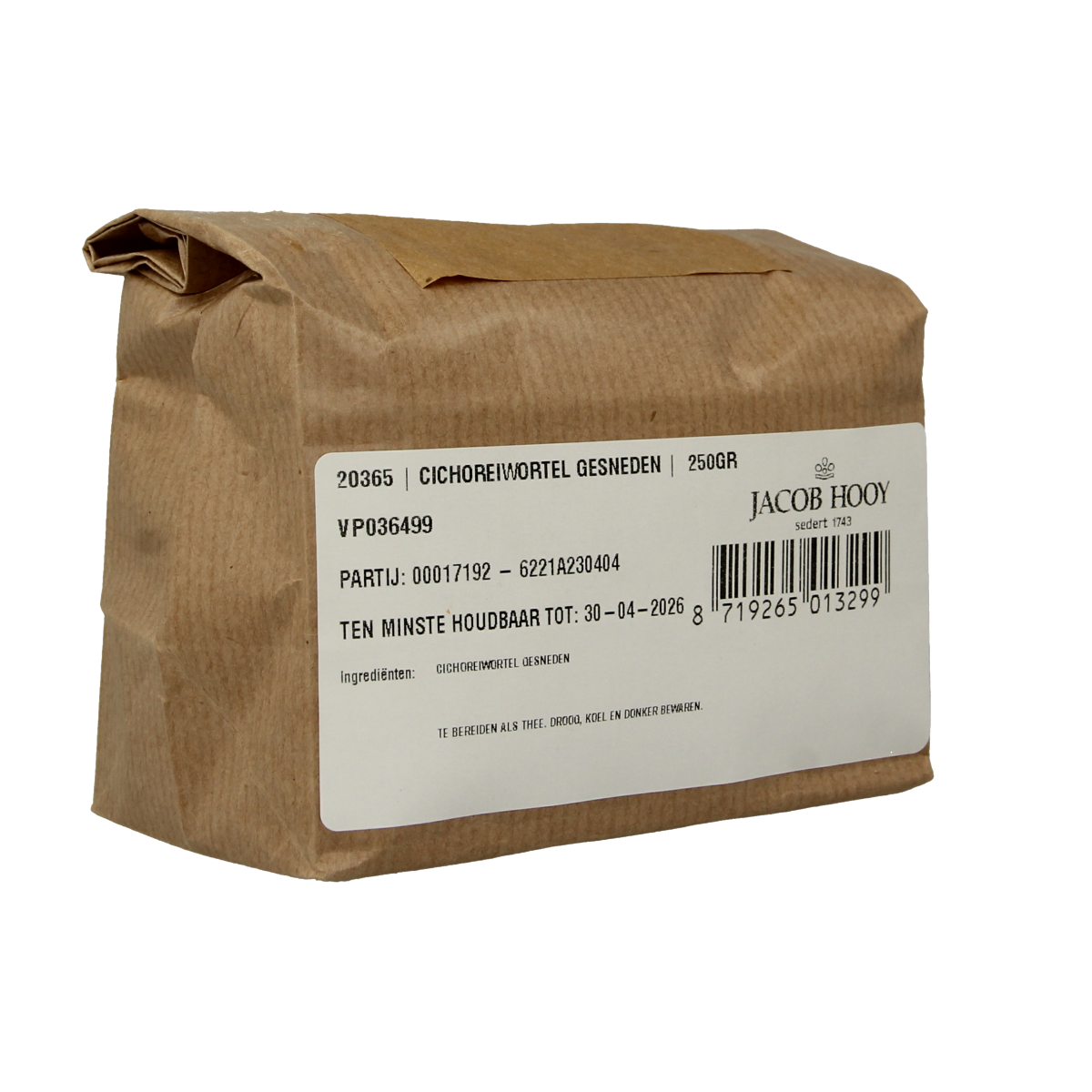 Jacob Hooy Cichorei wortel in 250g package, herbal root powder for brewing or cooking, shown in a clear, close-up image.