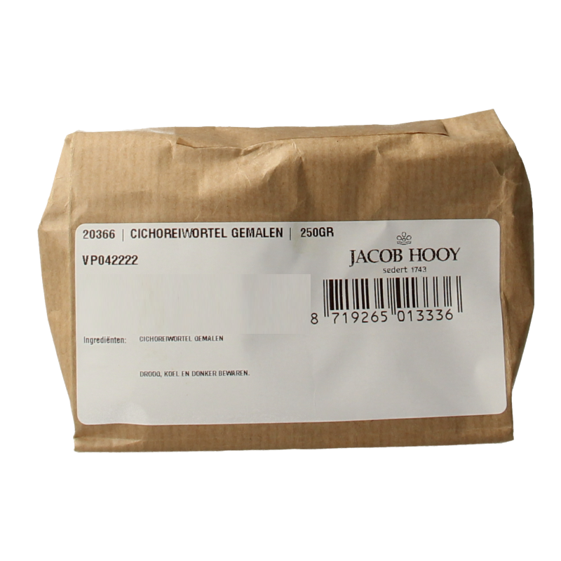Ground Jacob Hooy Cichorei root in a 250g package, used as a herbal ingredient for brewing or cooking.