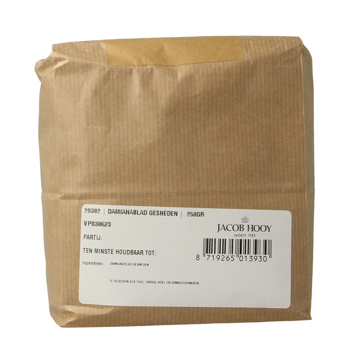 Sliced Jacob Hooy Damianablad in a 250g package, herbal seasoning for cooking, from Jacob Hooy brand.
