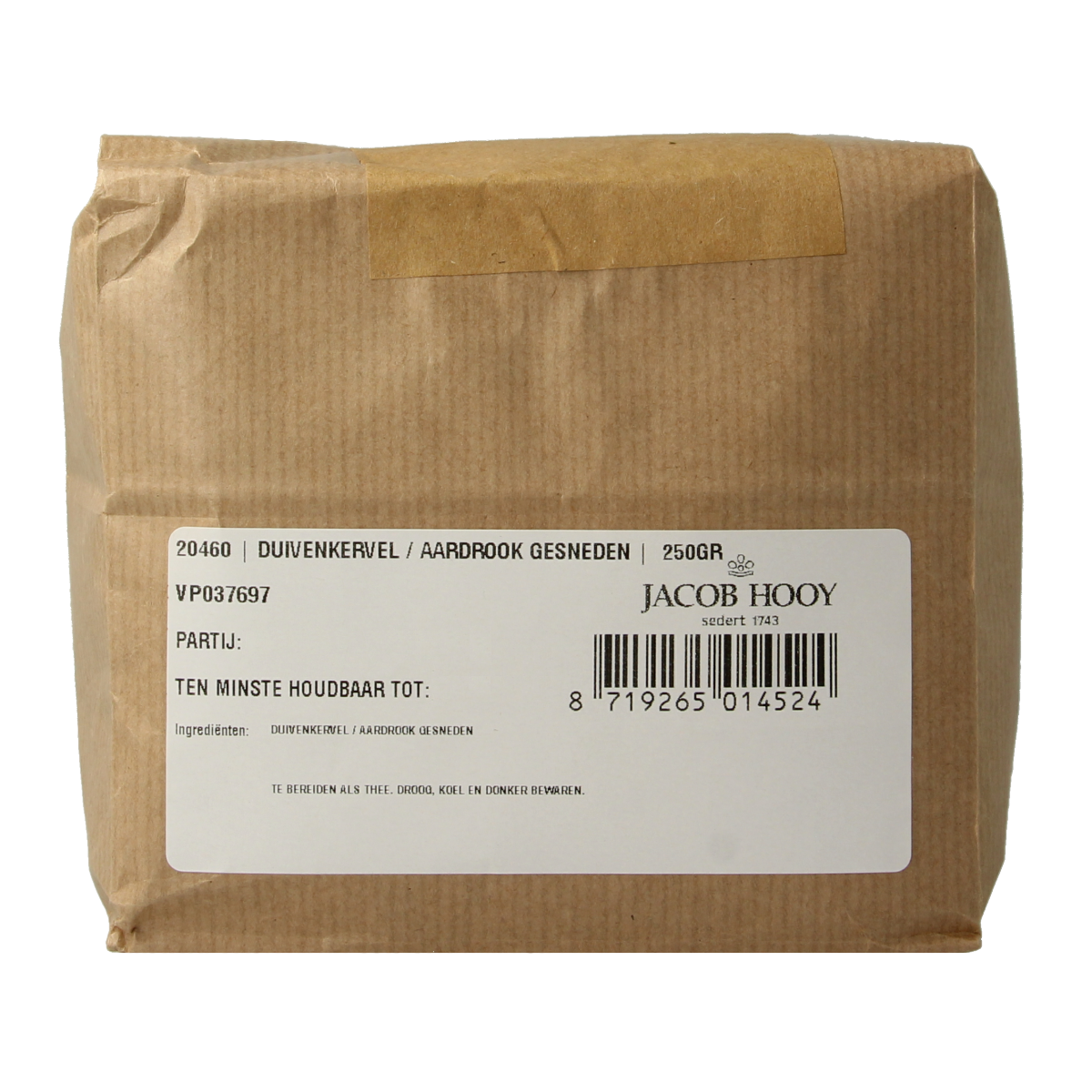 Jacob Hooy Duivenkervel and aardrook herbs in a 250g package, part of kruiden, zouten, en maaltijdmixen collection.