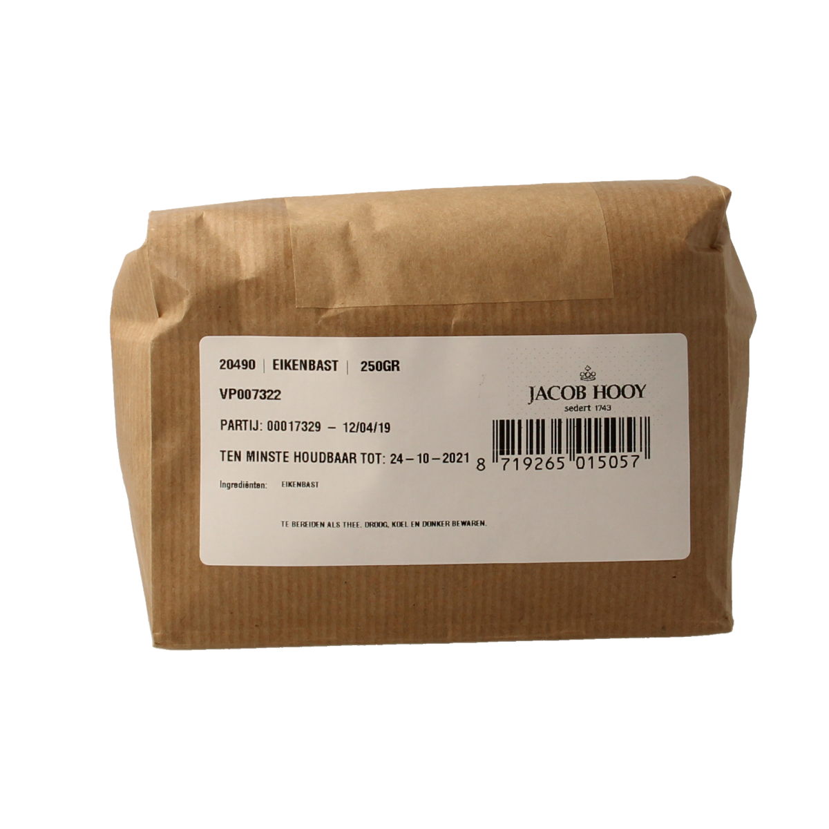 Jacob Hooy Eikebast gesneden, 250g, herbal seasoning, dried bark used in cooking and traditional remedies.