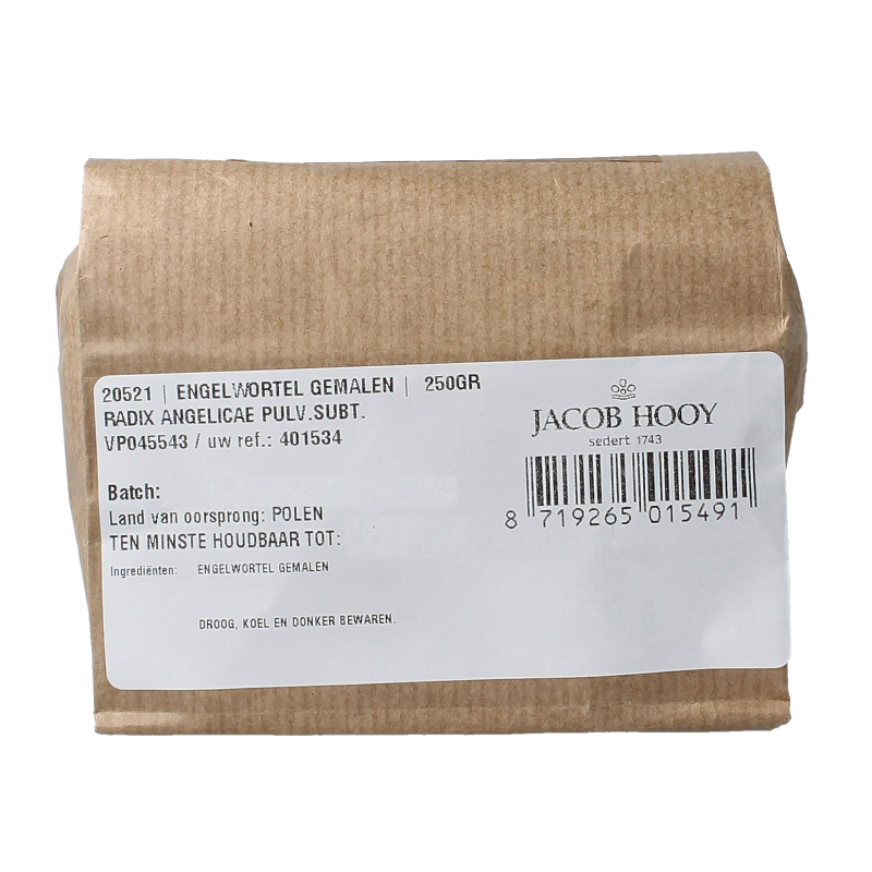 Ground Engelwortel (angelica root) from Jacob Hooy in a 250g package, used as a herb, salt, or meal mix ingredient.