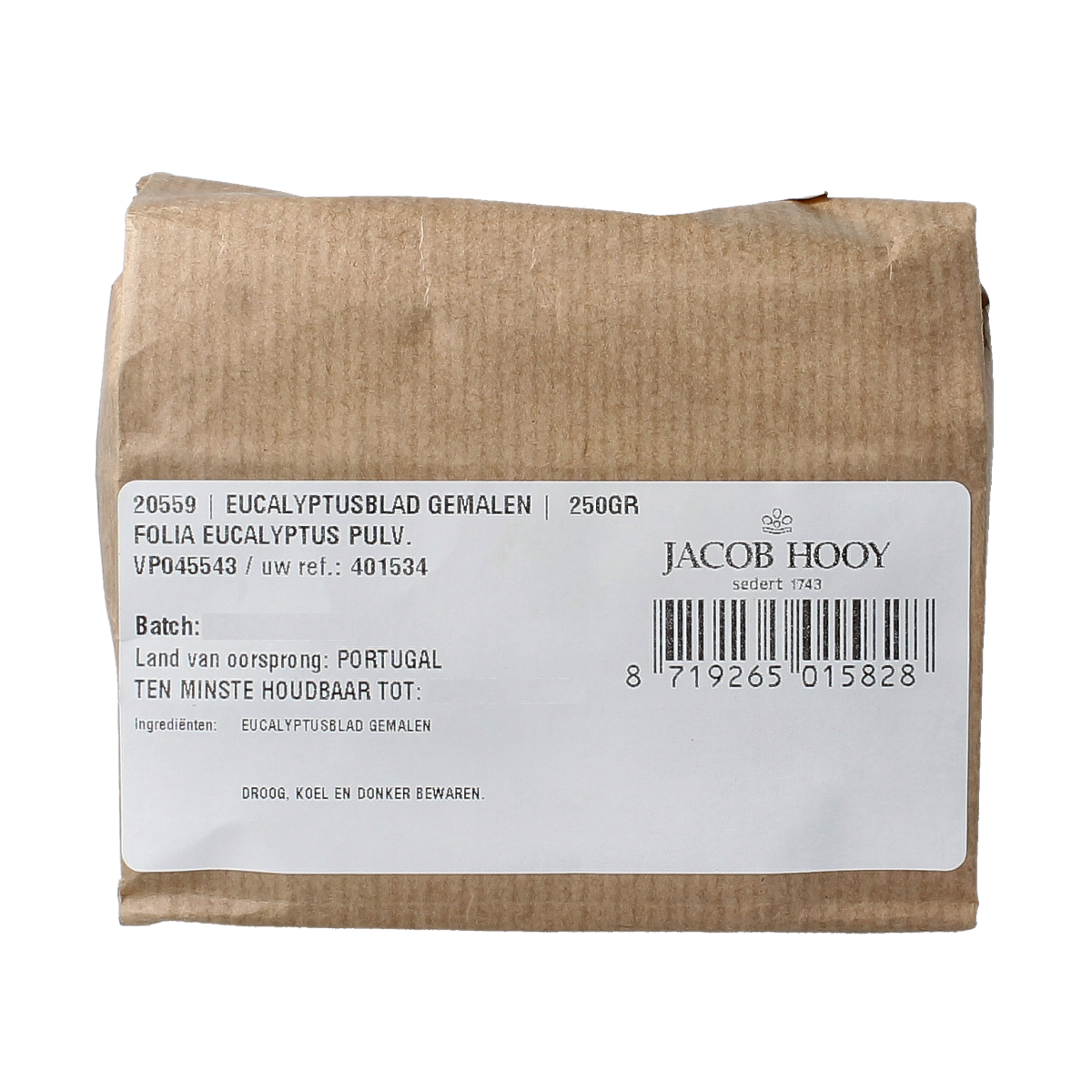 Ground eucalyptus leaf from Jacob Hooy in a 250g package, used as a herb, salt, or meal mix ingredient.