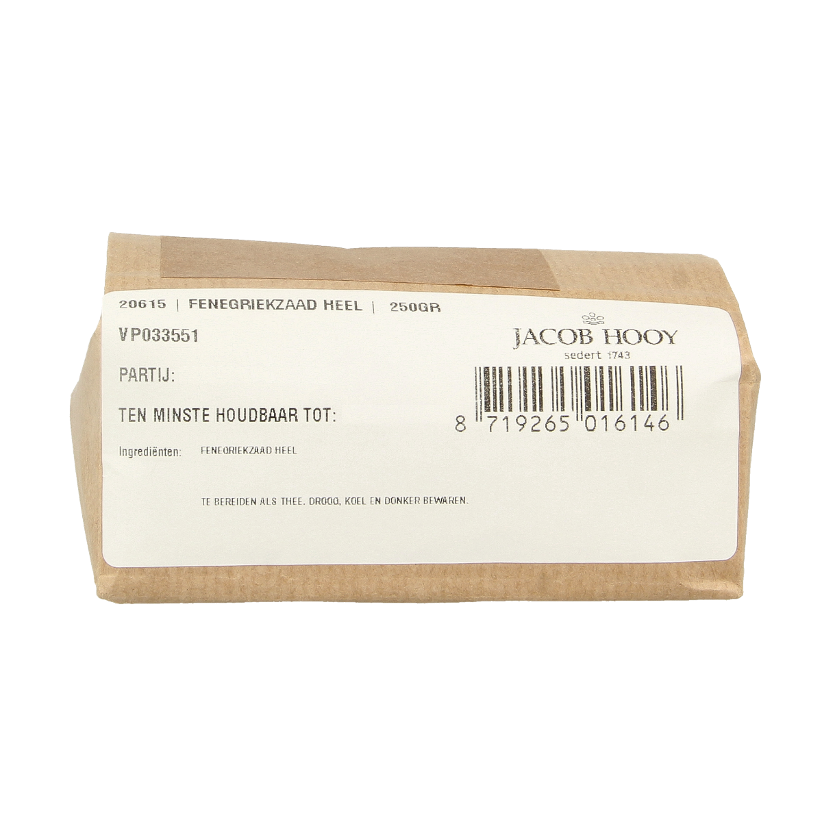 Jacob Hooy Fenegriekzaad in a 250g package, a herbal spice used in cooking and traditional remedies.