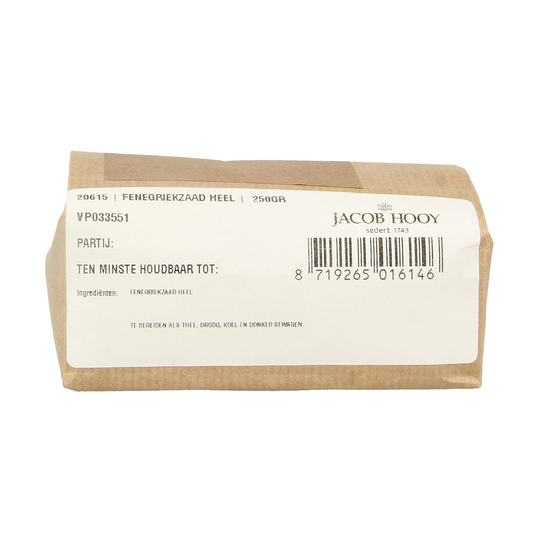 Jacob Hooy Fenegriekzaad in a 250g package, a herbal spice used in cooking and traditional remedies.