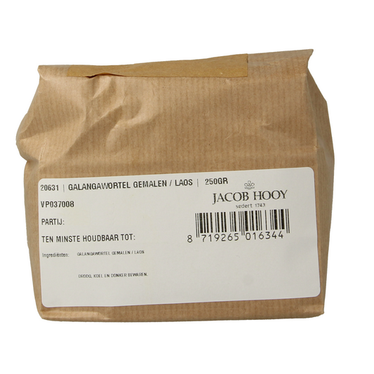 Ground Jacob Hooy galangal root in 250g, a herbal spice for cooking and flavoring dishes.