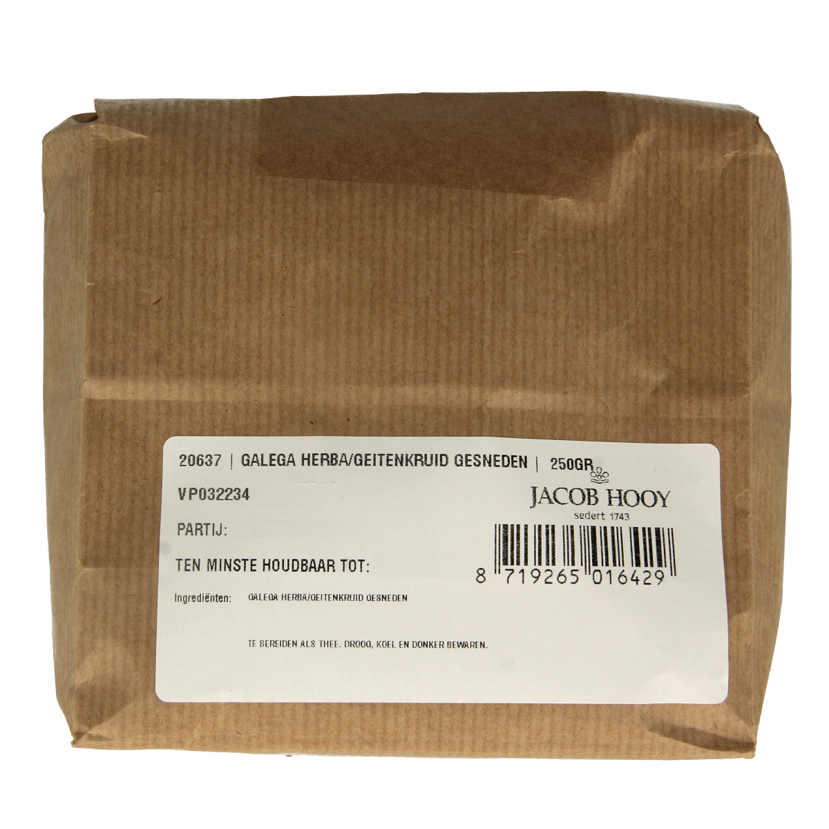 Jacob Hooy Galega (geitekruid) 250g package, herbal seasoning for cooking, shown in a clear bag with branding and product label.