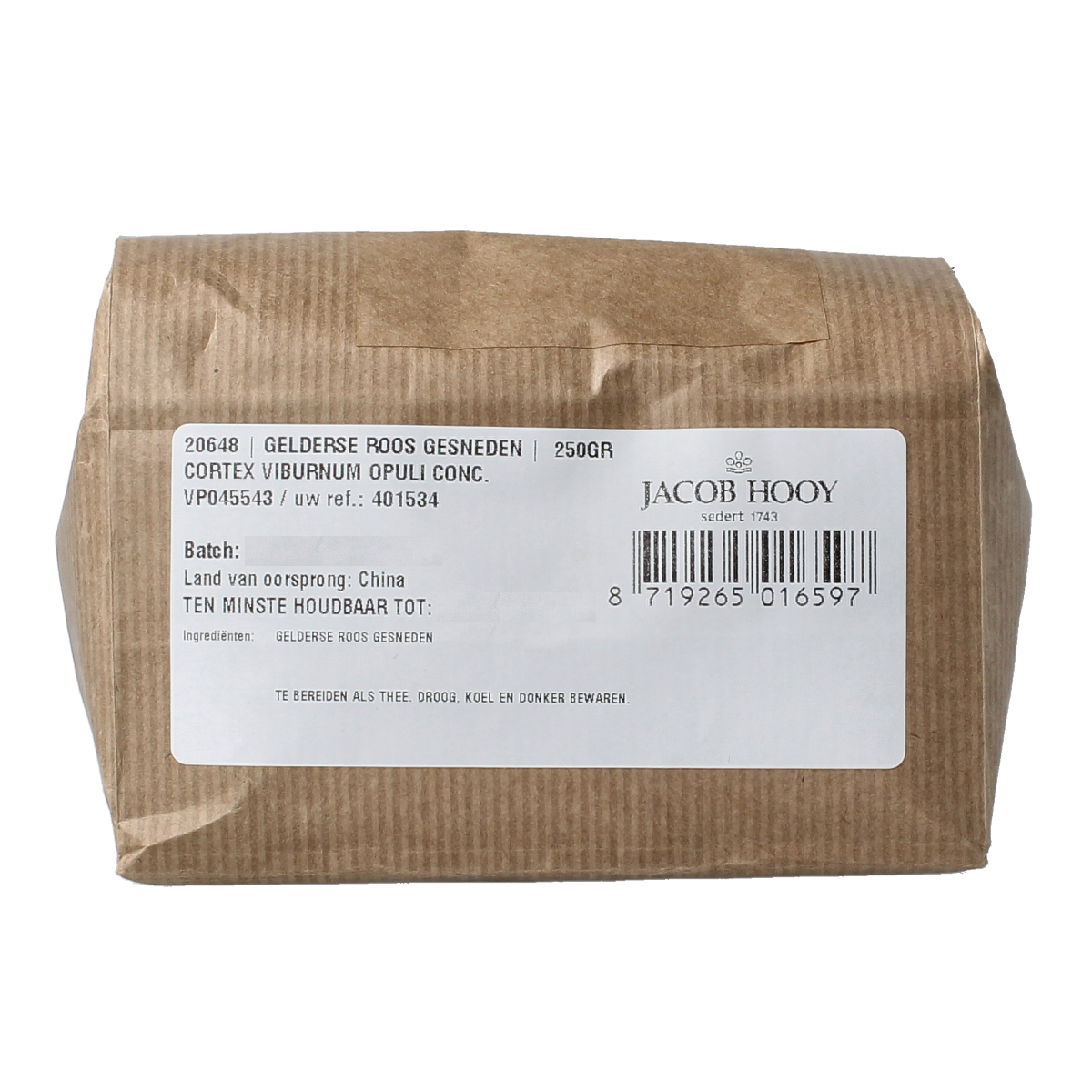 Jacob Hooy Gelderse roos kruiden in gesneden form, 250g, used for herbal remedies and culinary purposes.