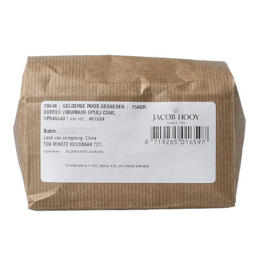 Jacob Hooy Gelderse roos kruiden in gesneden form, 250g, used for herbal remedies and culinary purposes.