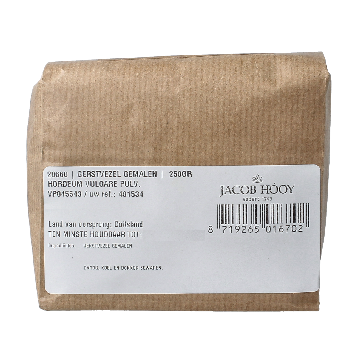 Ground barley flour from Jacob Hooy Gerstvezel, 250g, in a clear container with a natural, grainy texture.