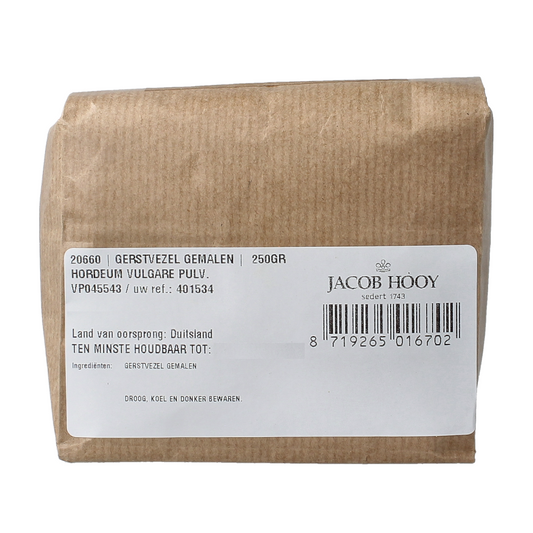 Ground barley flour from Jacob Hooy Gerstvezel, 250g, in a clear container with a natural, grainy texture.