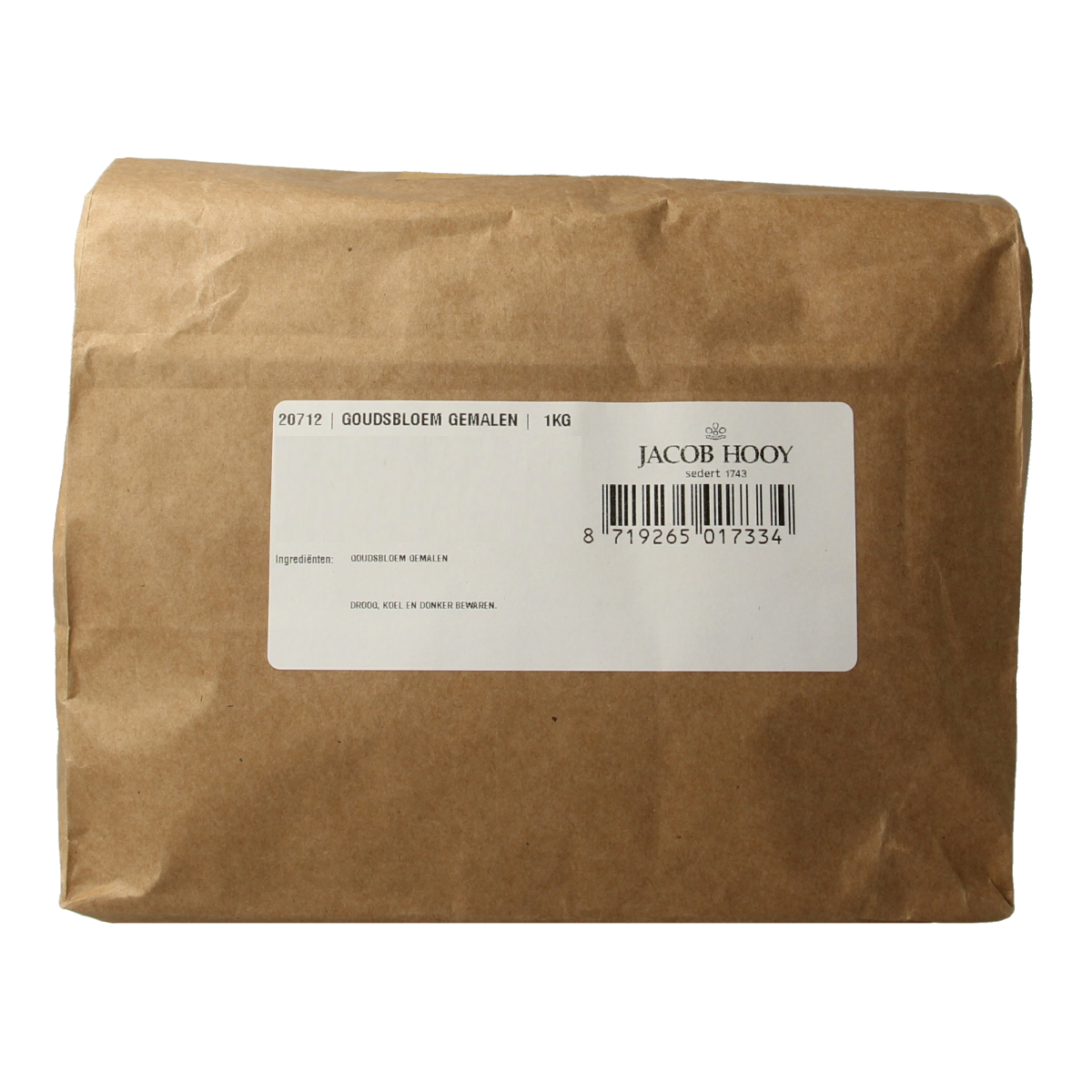 Grounded Calendula flower from Jacob Hooy in a 1kg package, ideal for herbal remedies and culinary use.