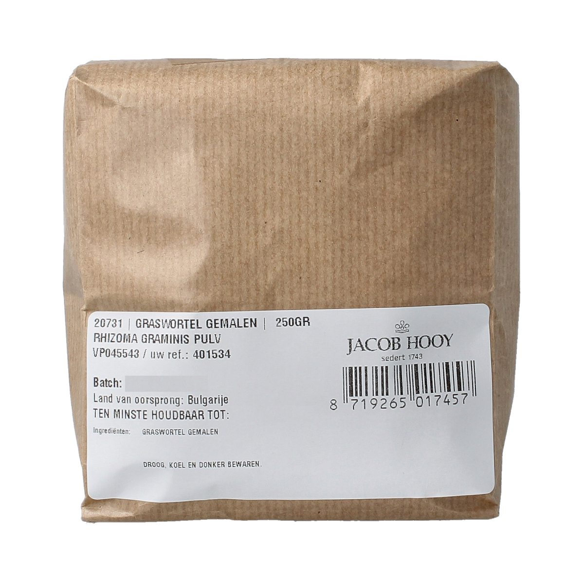 Ground Jacob Hooy Graswortel in a 250g package, a herbal spice used in cooking and natural remedies.