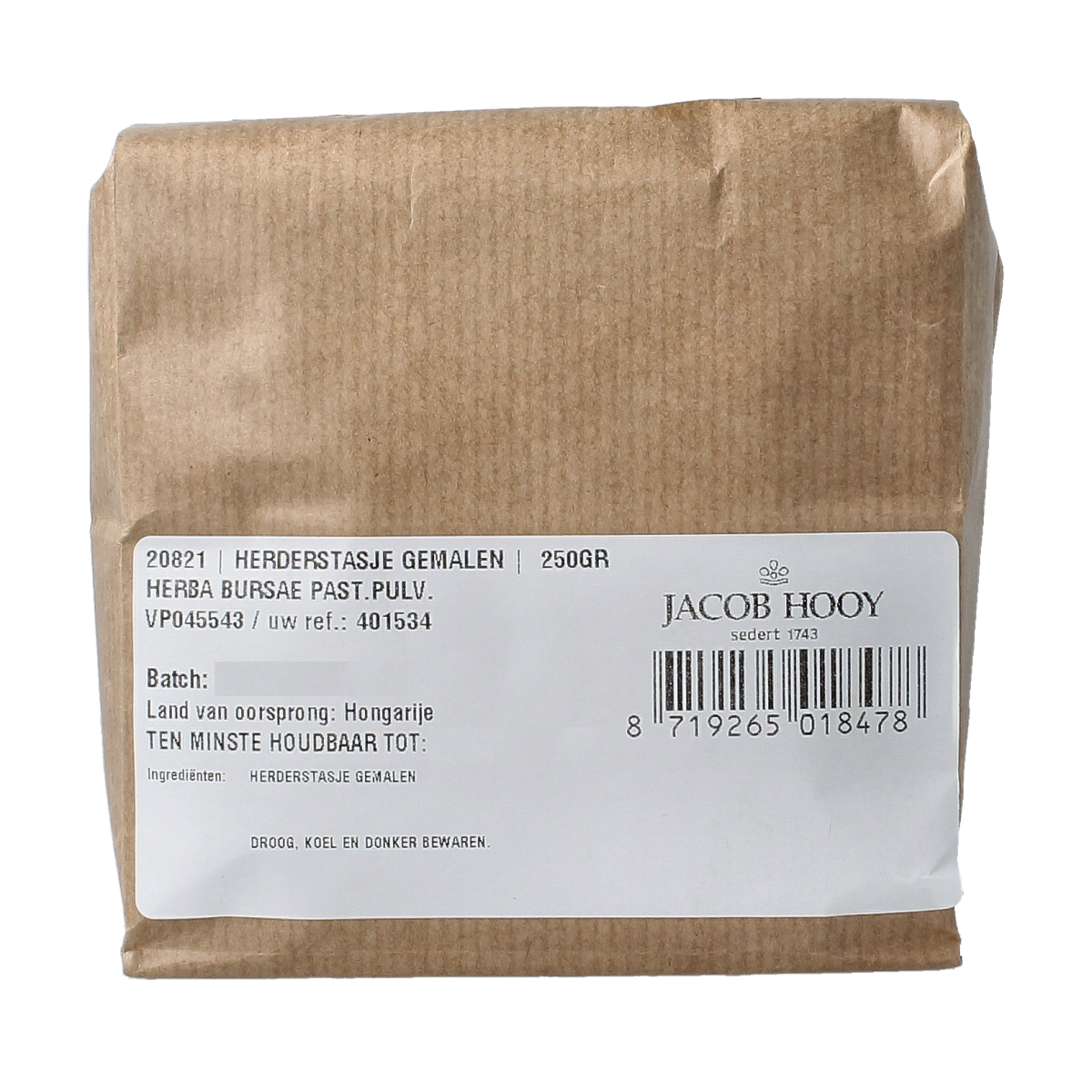 Jacob Hooy Herderstasje gemalen kruiden and meal mix, 250g, in a clear plastic bag with spice labels and branding.