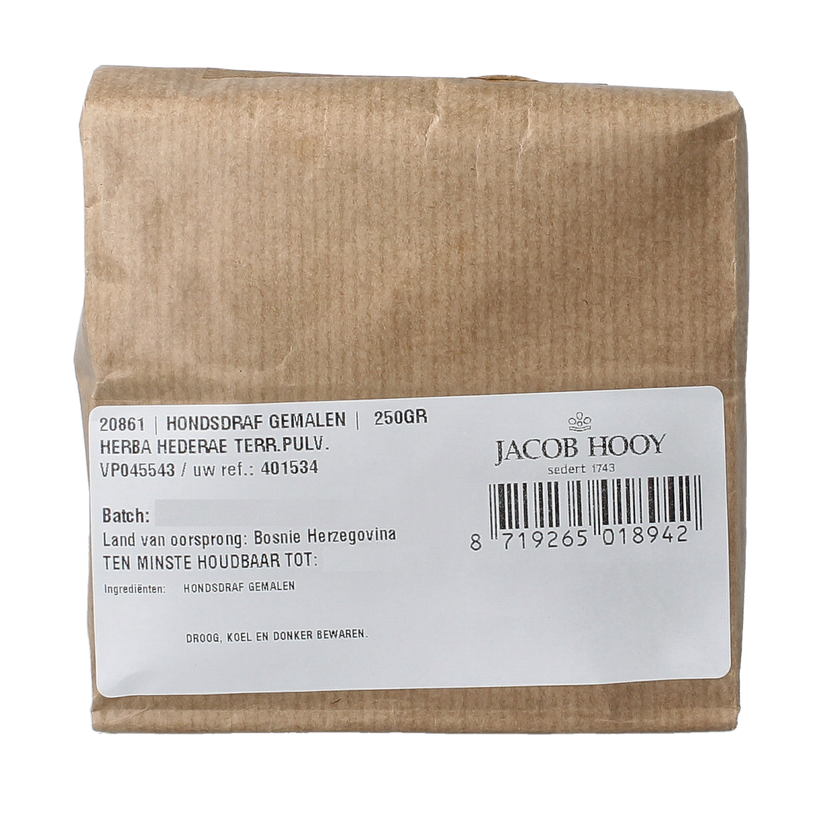 Jacob Hooy ground Hondsdraf herbal spice in 250g jar, used as a natural seasoning and medicinal herb.