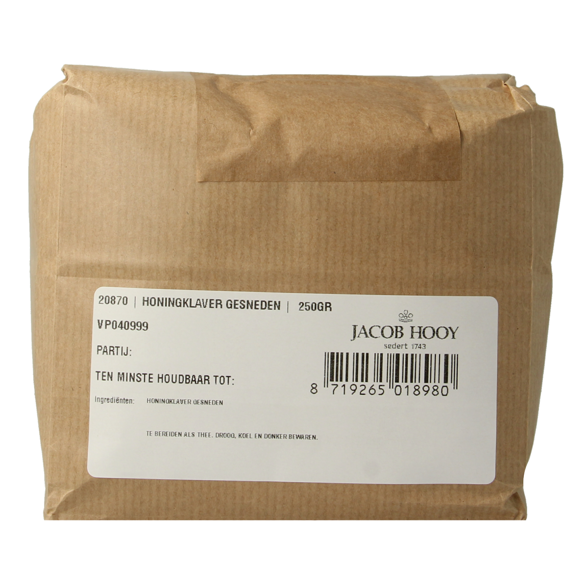 Jar of Jacob Hooy Honingklaver herbal seasoning 250g, a natural blend of herbs, salts, and meal mixes in a clear container.