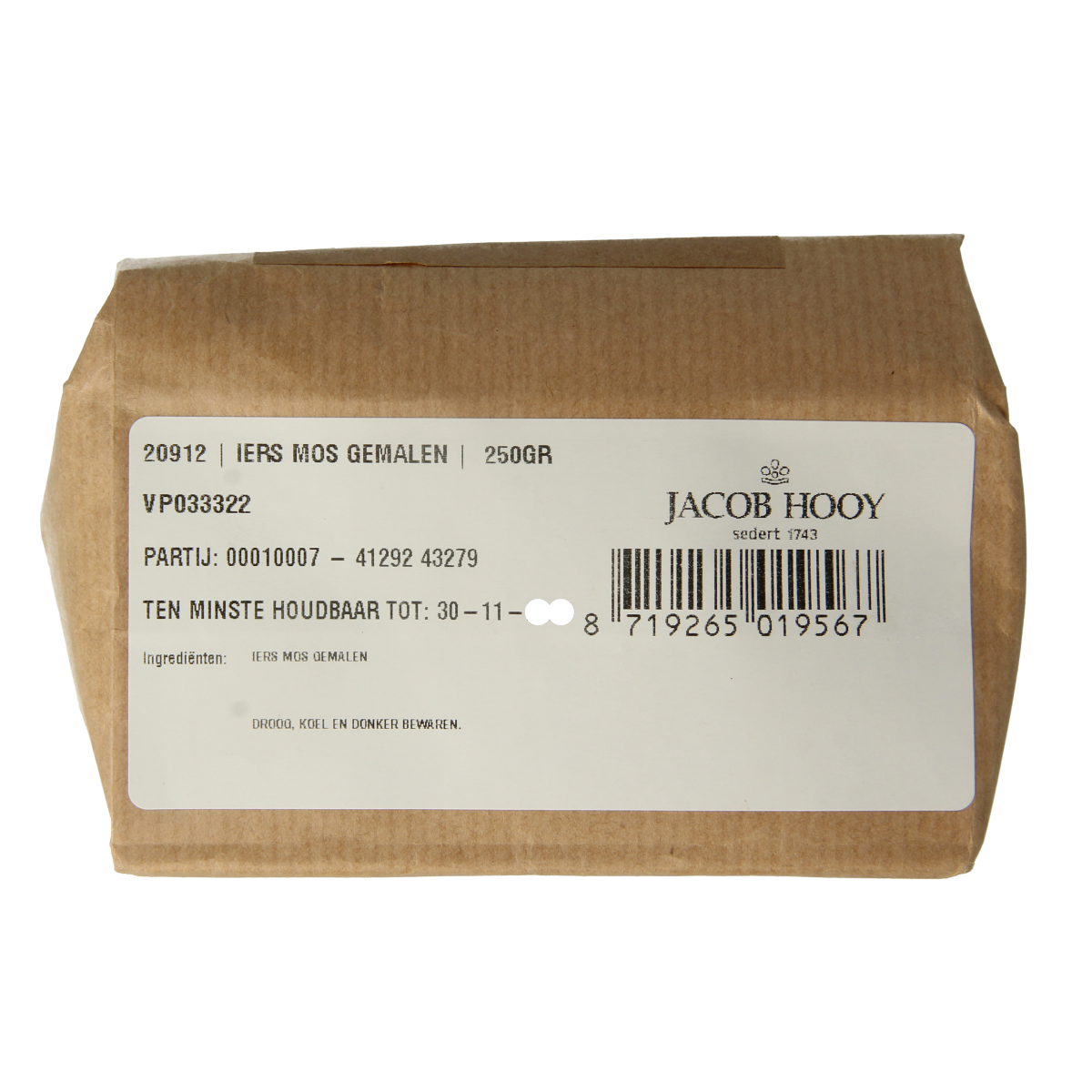 Jacob Hooy Iers gemalen kruiden and meal mix in 250g package, featuring a blend of herbs, salts, and seasonings in a colorful container.
