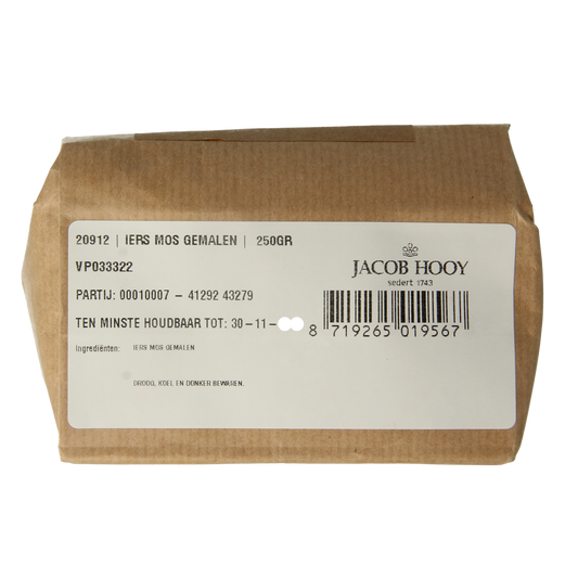 Jacob Hooy Iers gemalen kruiden and meal mix in 250g package, featuring a blend of herbs, salts, and seasonings in a colorful container.
