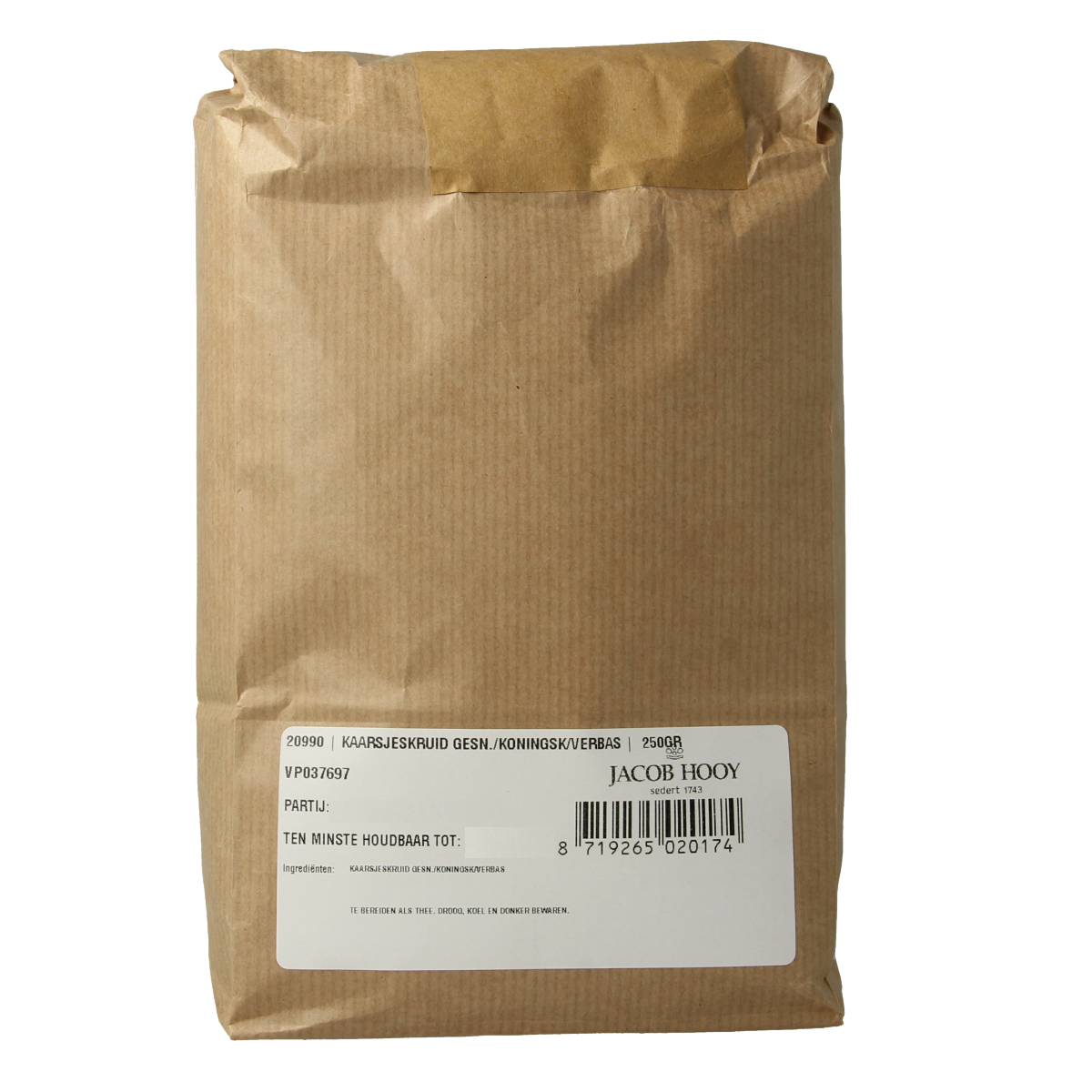 Jacob Hooy Kaarsjeskruid verbascum koningskaars kruiden in 250g verpakking, used in herbal remedies and natural medicine.