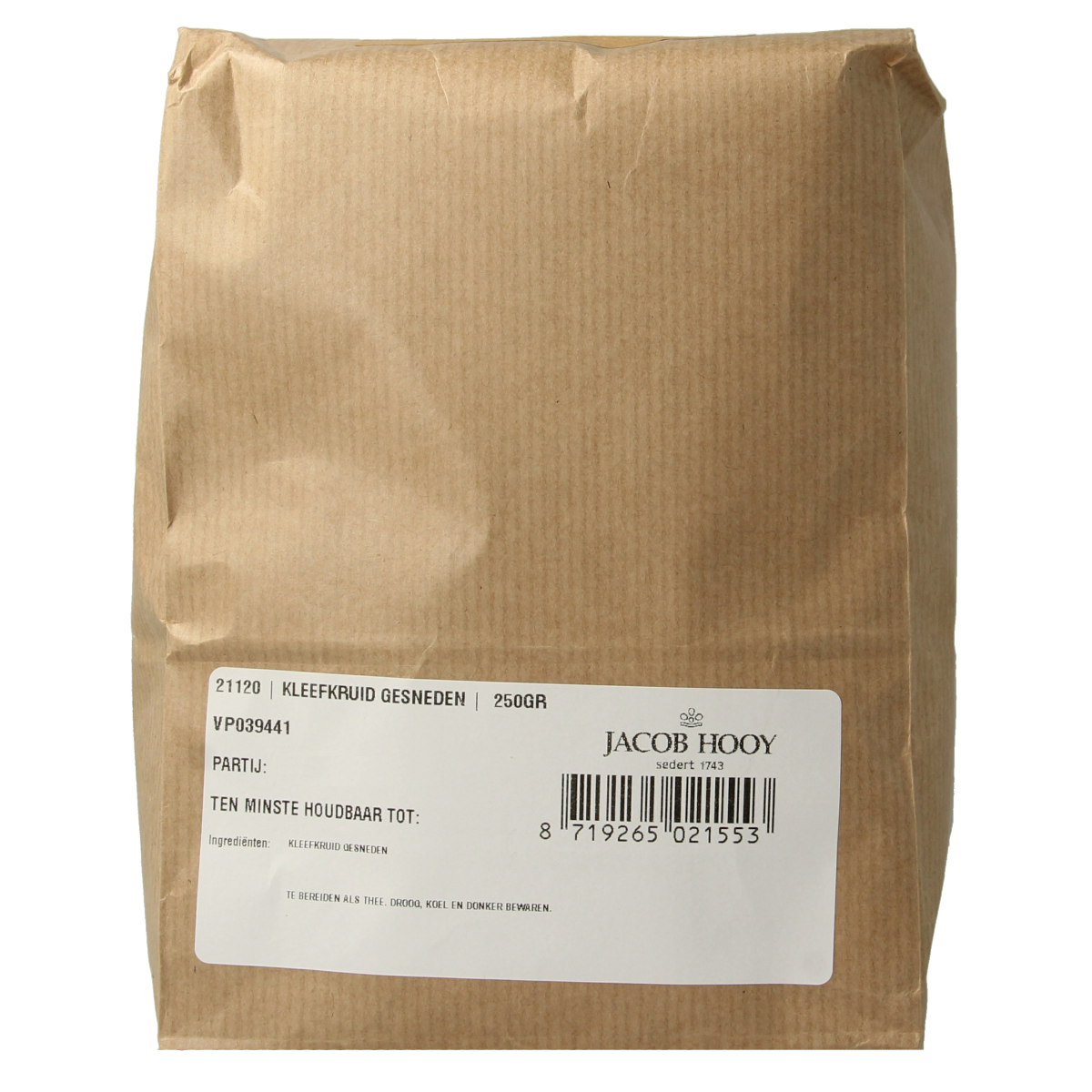 Jar of Jacob Hooy Kleefkruid herbal mixture in a 250g jar, used as a seasoning or culinary herb blend.