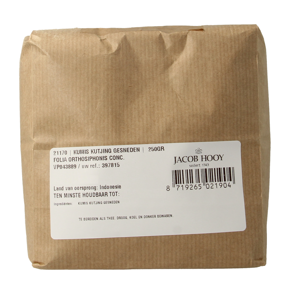 Sliced Jacob Hooy Kumis Kutjing herbal spice mix in 250g package, used for cooking and seasoning.
