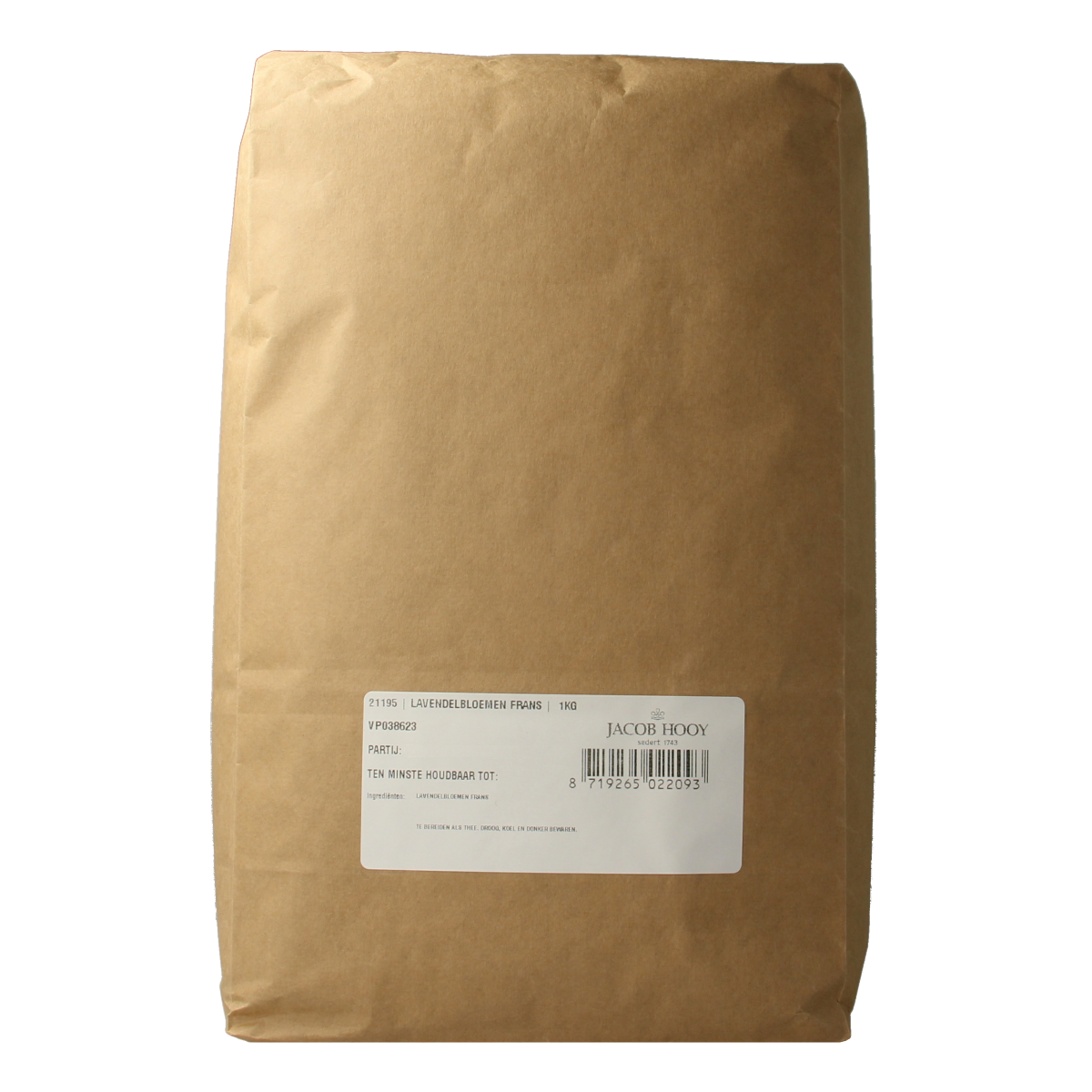 Jacob Hooy lavender flowers in a 1kg bag, aromatic dried herbal lavender for cooking, tea, or natural remedies.