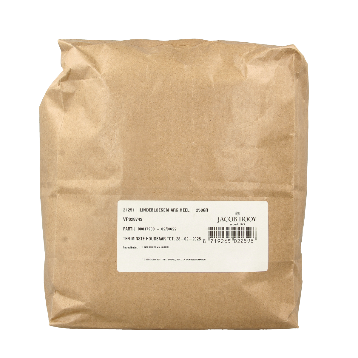 Jacob Hooy Lindebloesem dried linden blossom in a 250g package, used for herbal teas and natural remedies.