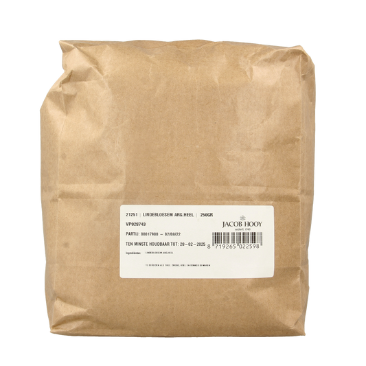 Jacob Hooy Lindebloesem dried linden blossom in a 250g package, used for herbal teas and natural remedies.