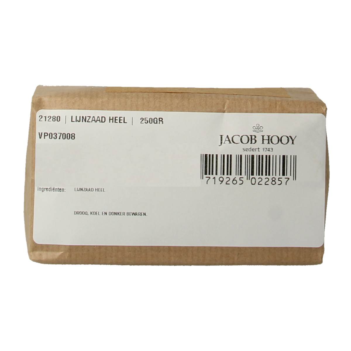 Jacob Hooy flaxseed in 250g package, a herbal spice used in cooking and baking, shown in a clear image.
