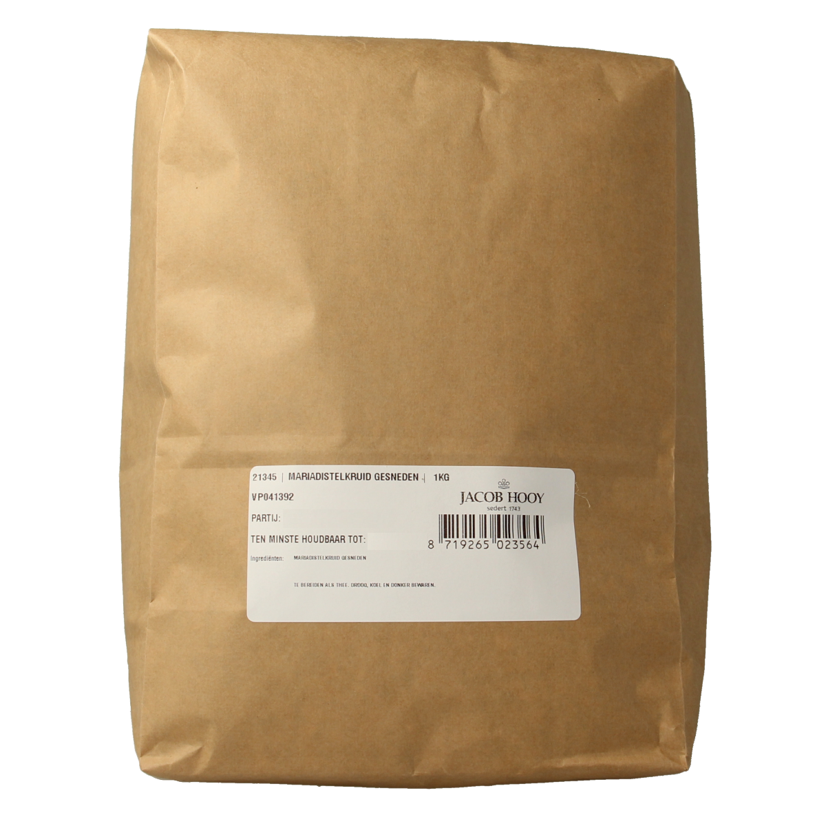Sliced Mariadistelkruid herbs in a 1kg package from Jacob Hooy, suitable for cooking and herbal remedies.