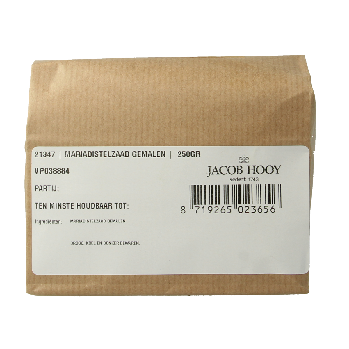 Ground milk thistle seeds in a jar, Jacob Hooy Mariadistelzaad gemalen 250g, herbal supplement for health and wellness.