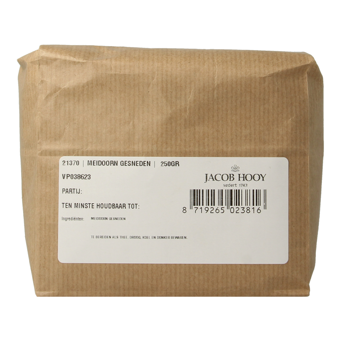 Jacob Hooy Meidoorn gesneden, 250g, dried hawthorn berries for herbal remedies, shown in a clear package.